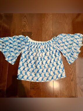 Lilly Pulitzer Alva Off-Shoulder Top with Blue Paisley Print in Baha Blue